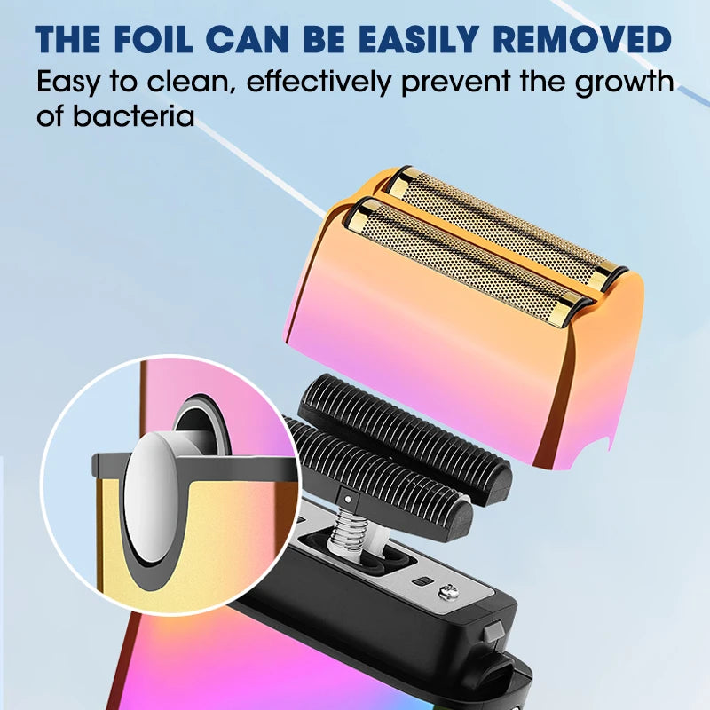 Close-up view of a black electric hair clipper shaver with a removable foil attachment.