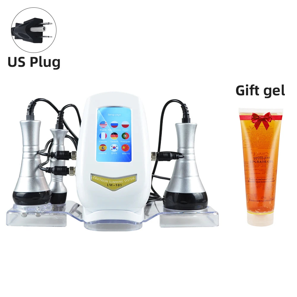 A white ultrasonic body sculpting device with a glass pipette and a tube of gift gel are shown next to a US plug.