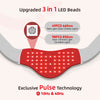 A red therapeutic light therapy belt featuring 3 in 1 LED beads for visible and invisible light treatment.