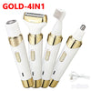 A set of four gold and white electric body hair removers and epilators shown together.