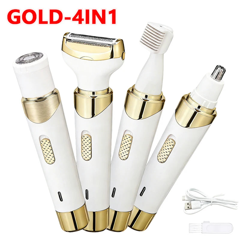 A set of four gold and white electric body hair removers and epilators shown together.