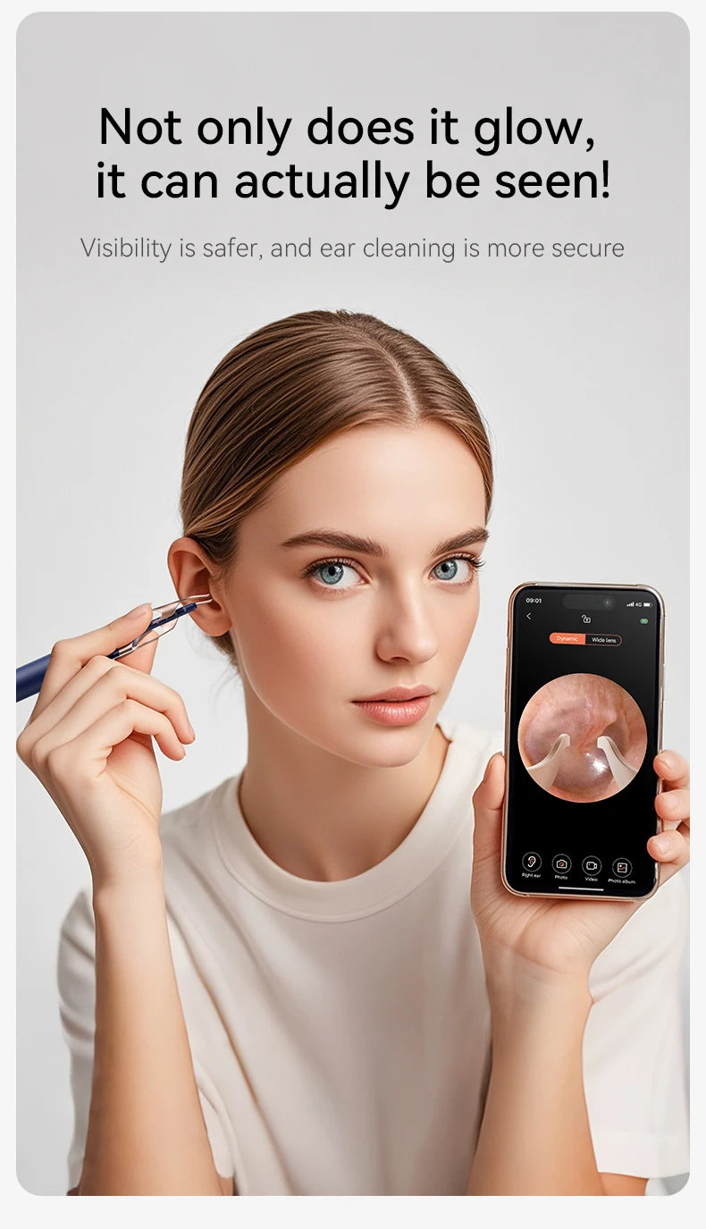 A woman holds a smartphone displaying an internal view of an ear, while another hand holds a medical instrument near her ear.