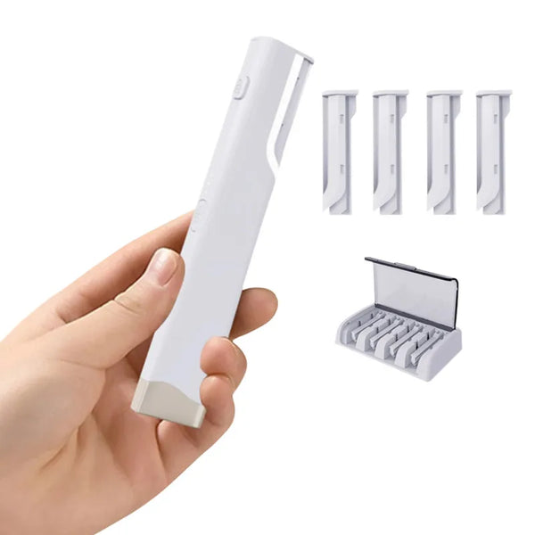 A hand holds a white sonic dermaplaning tool for facial hair and peach fuzz removal, with multiple interchangeable heads show