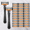 A precision multi-blade shaver with orange and black components is shown, featuring multiple shaving heads.