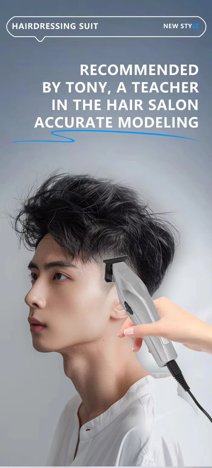 A man is shown receiving a haircut using a professional rechargeable hair trimmer.