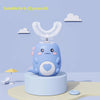 A light blue cartoon-designed electric U-shaped toothbrush mounted on a stand, suitable for children.