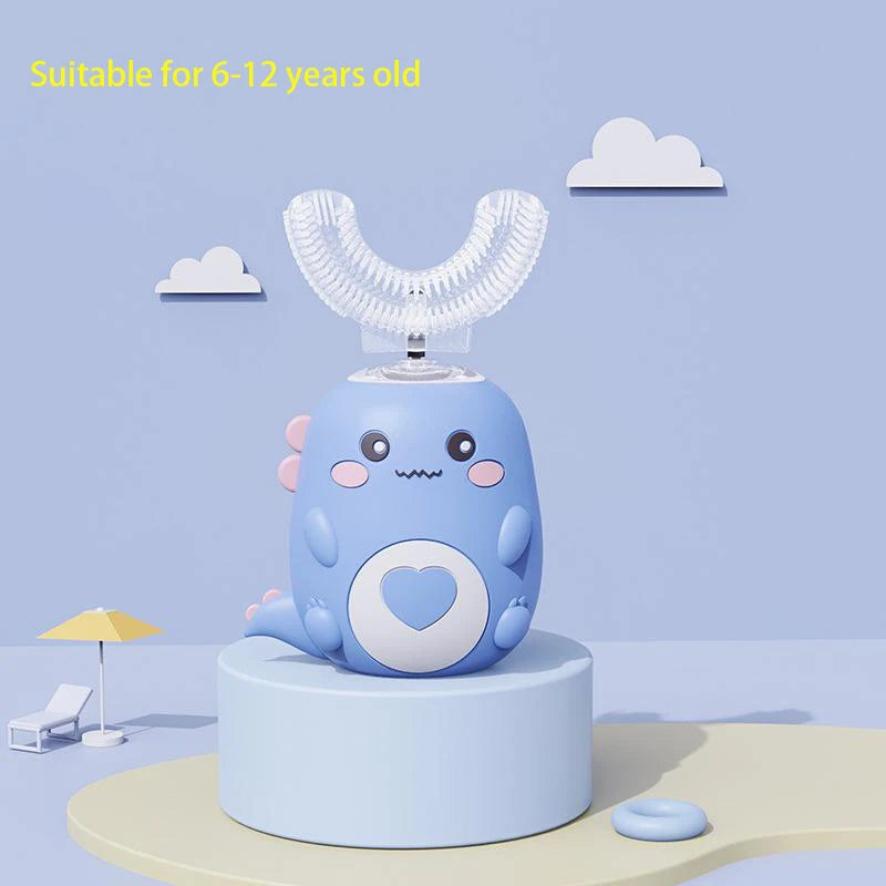 A light blue cartoon-designed electric U-shaped toothbrush mounted on a stand, suitable for children.