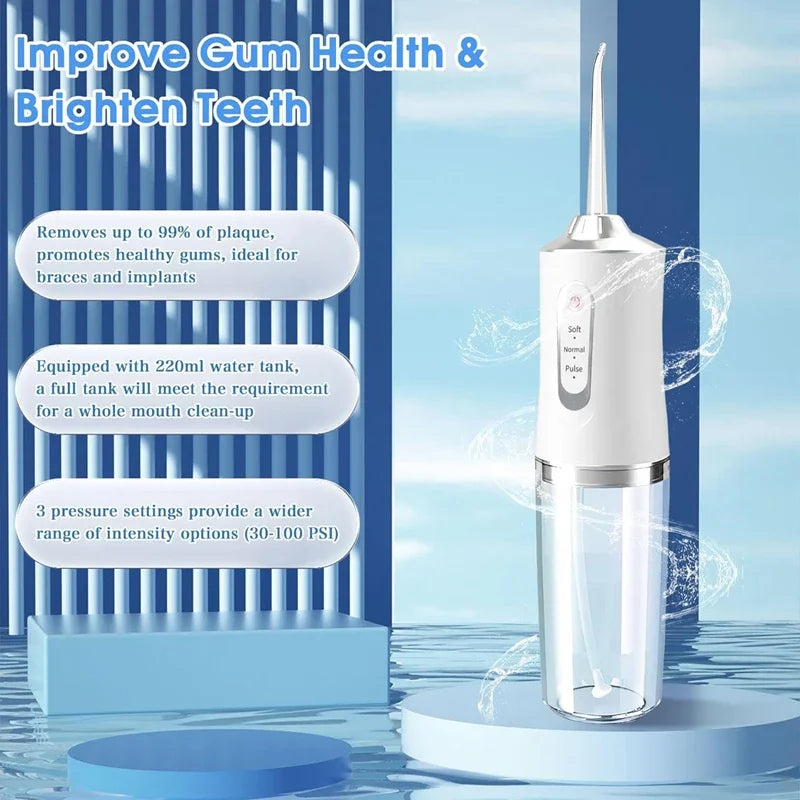 A white portable water flosser device is shown with a clear water tank and various tips, set against a blue background.