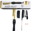 A gold and black professional heat comb hair straightener with various attachments shown on a white box.