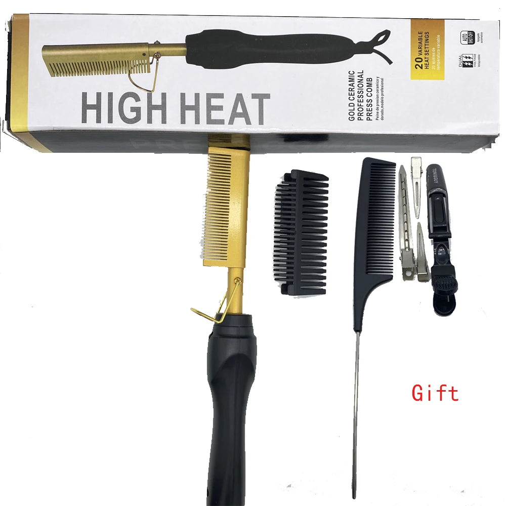 A gold and black professional heat comb hair straightener with various attachments shown on a white box.