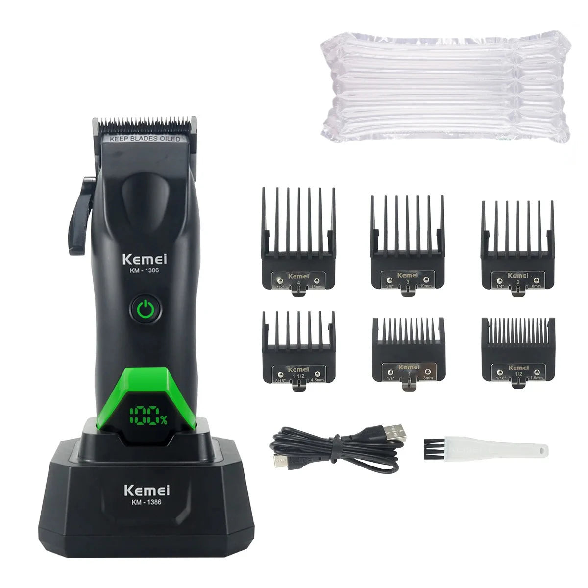 A black electric hair clipper trimmer with a green LED display and multiple attachments is shown.