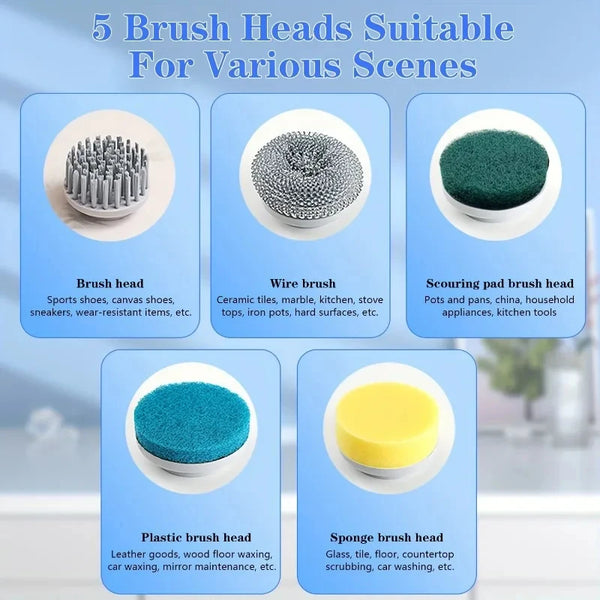 Five replaceable brush heads for various cleaning scenes including wire, scouring pad, plastic, and sponge brushes.