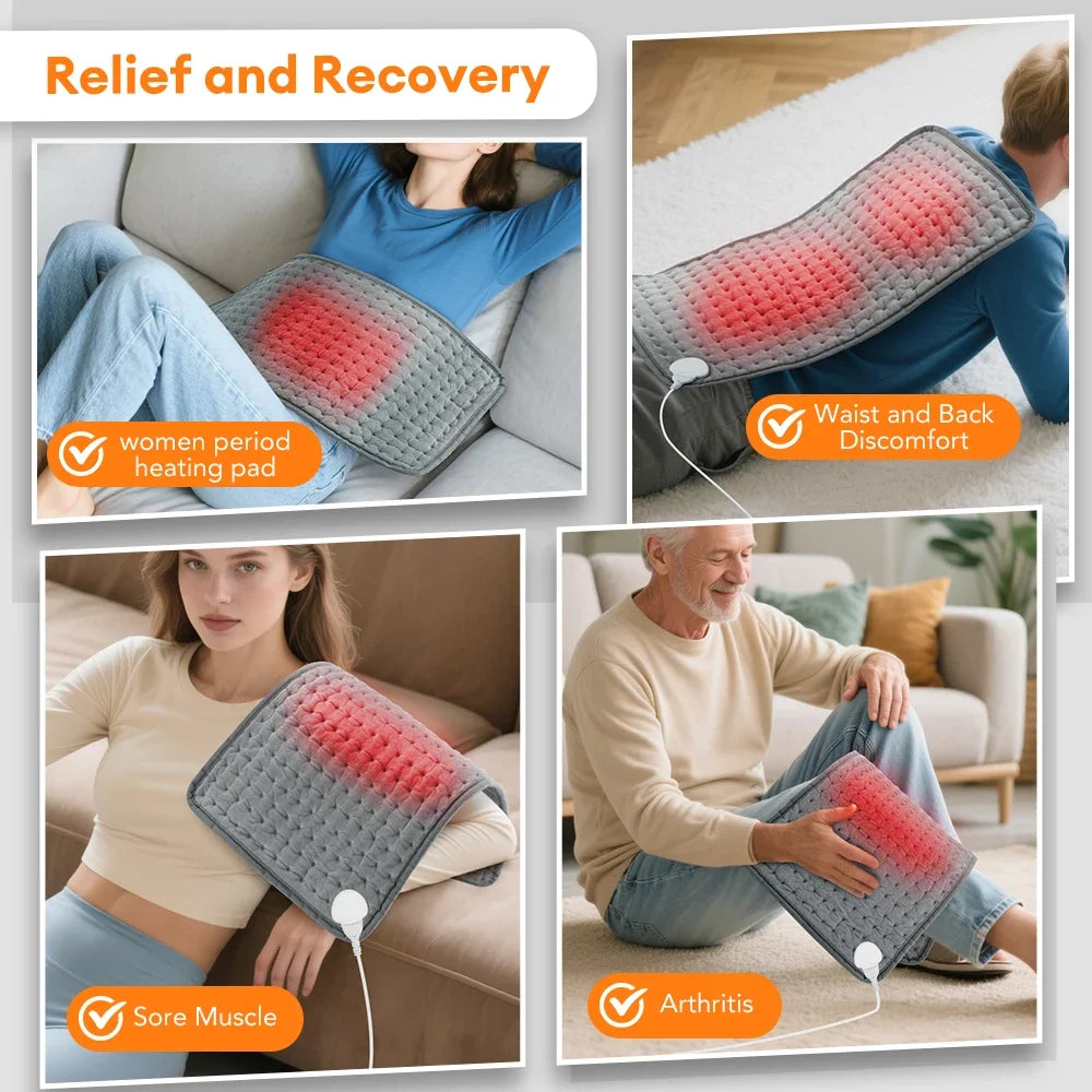 A collection of electric heating pads used for relief and recovery, shown on a sofa and being used by adults.