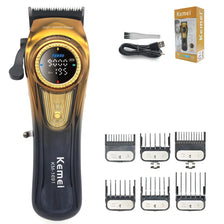 A black Kemei high-speed hair clipper with various attachments and a power cord.