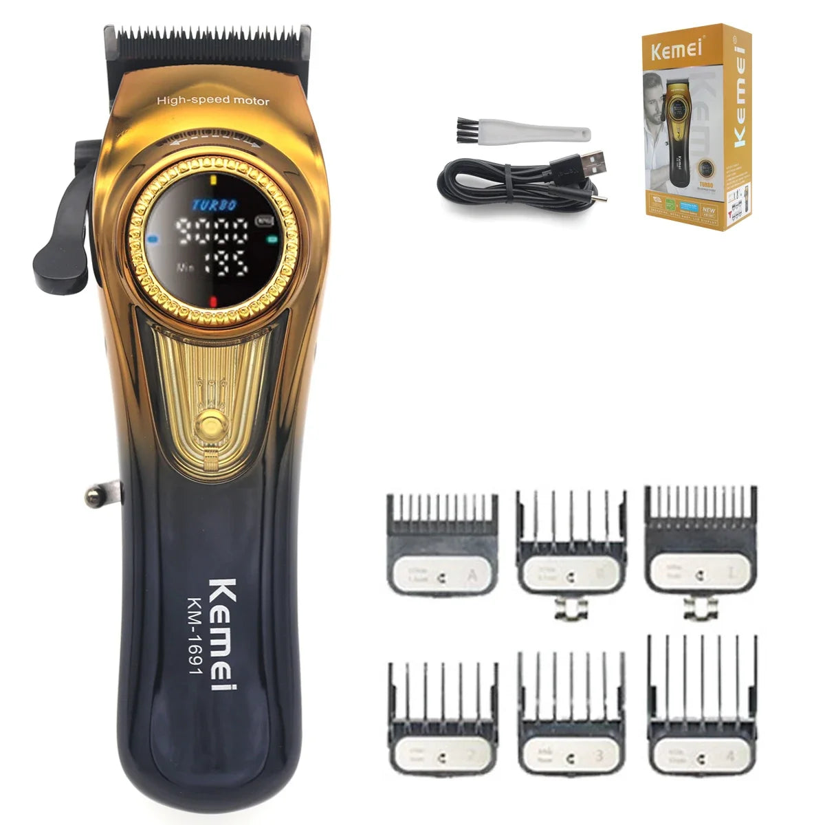 A black Kemei high-speed hair clipper with various attachments and a power cord.