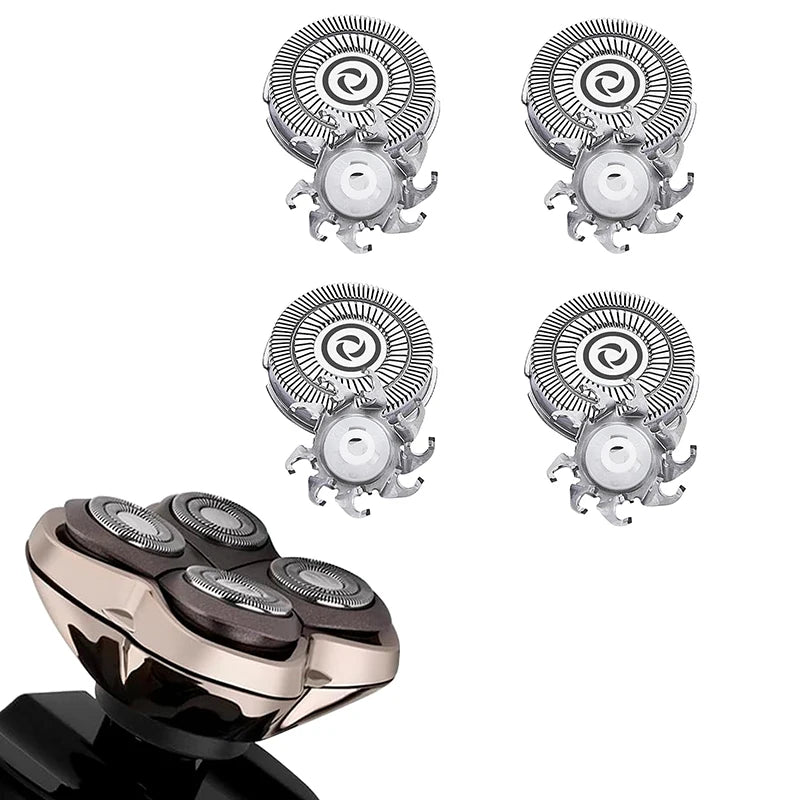 A set of replacement shaver heads and a body of a grooming device.