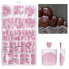 Un set de 150 uñas postizas de acrílico en tonos rosa y nude, junto a una herramienta de manicura.