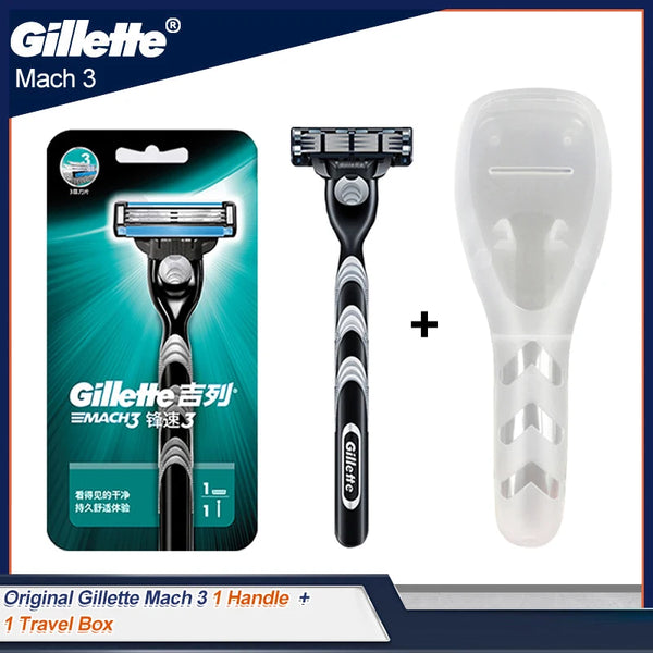Gillette Mach 3 razor set showing the handle, replacement blades, and travel case.