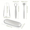 Set of stainless steel tongue scrapers of various sizes and shapes for oral hygiene