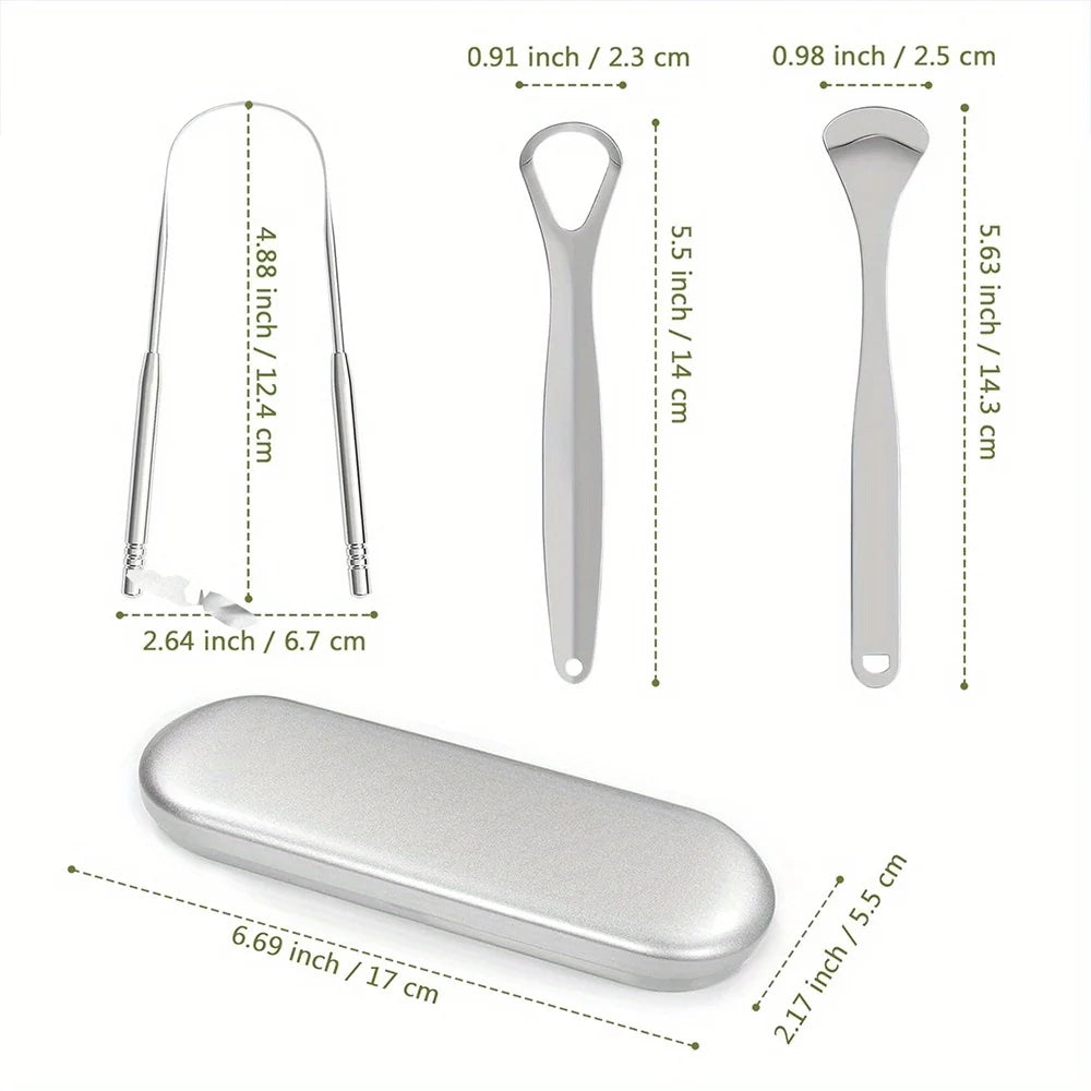Set of stainless steel tongue scrapers of various sizes and shapes for oral hygiene