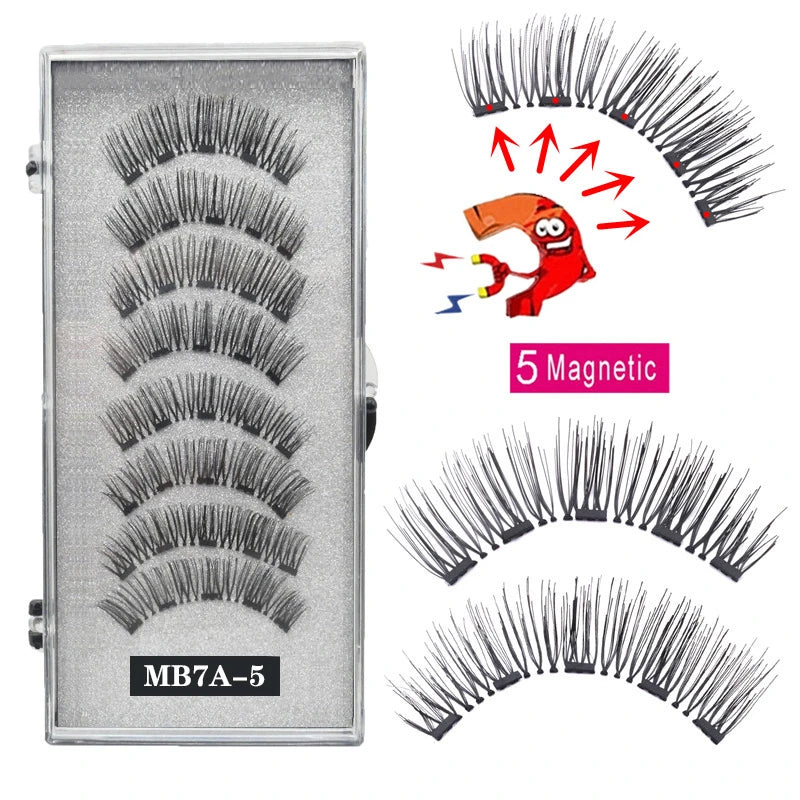 A set of five magnetic false eyelashes shown in a silver plastic case and individual lashes.