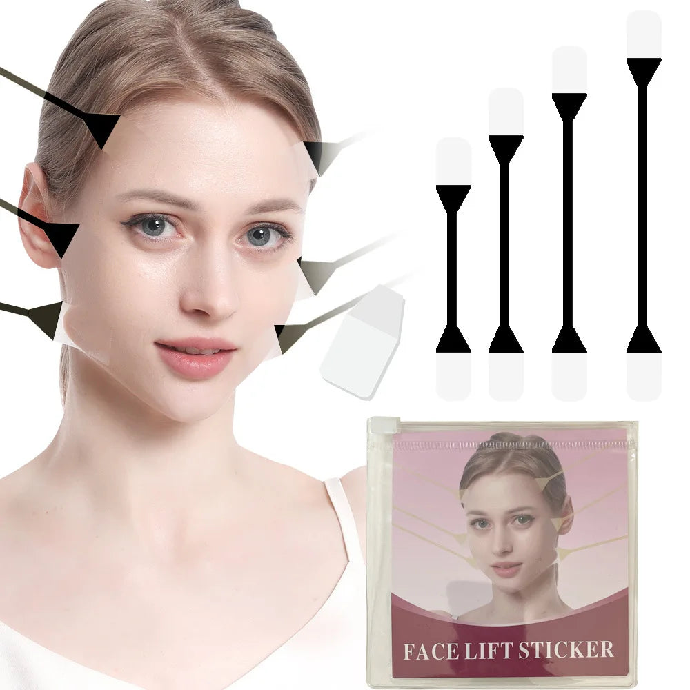 A woman demonstrates an invisible facial lifting tape product with various sizes and a cosmetic stick.