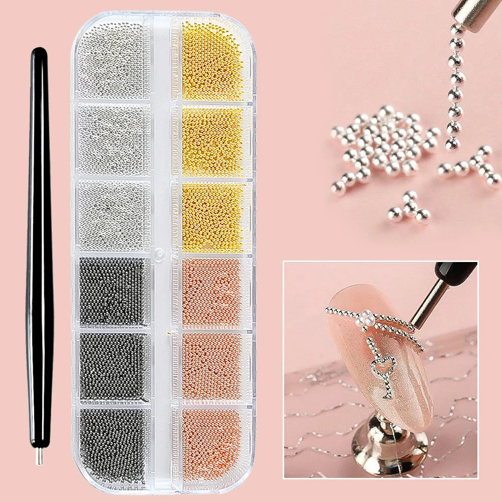 A clear plastic case filled with various colors of gold mixed stainless steel beads for nail art decorations.