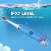 A blue electric toothbrush is shown submerged in water, demonstrating its IPX7 waterproof level.