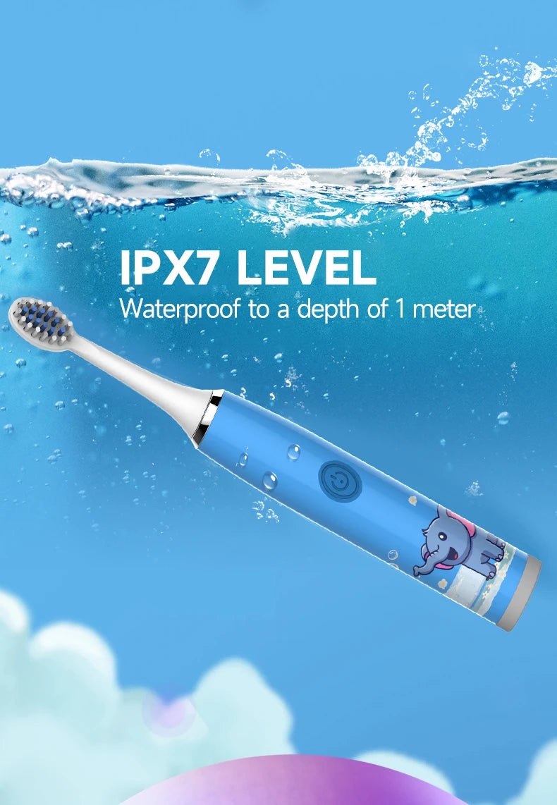 A blue electric toothbrush is shown submerged in water, demonstrating its IPX7 waterproof level.