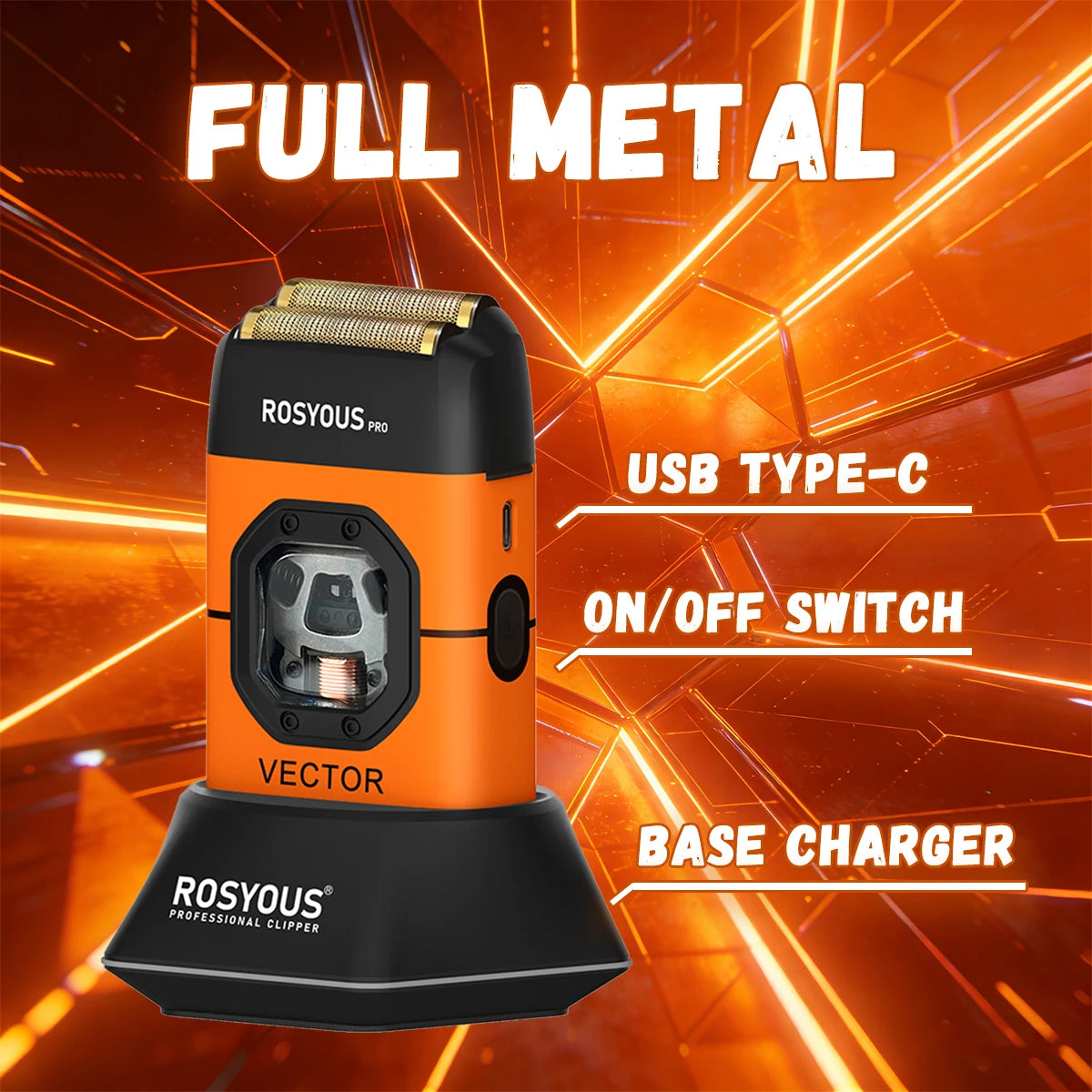 An orange and black Rosyous Pro electric clipper with a base charger and USB Type-C connection on an orange background.