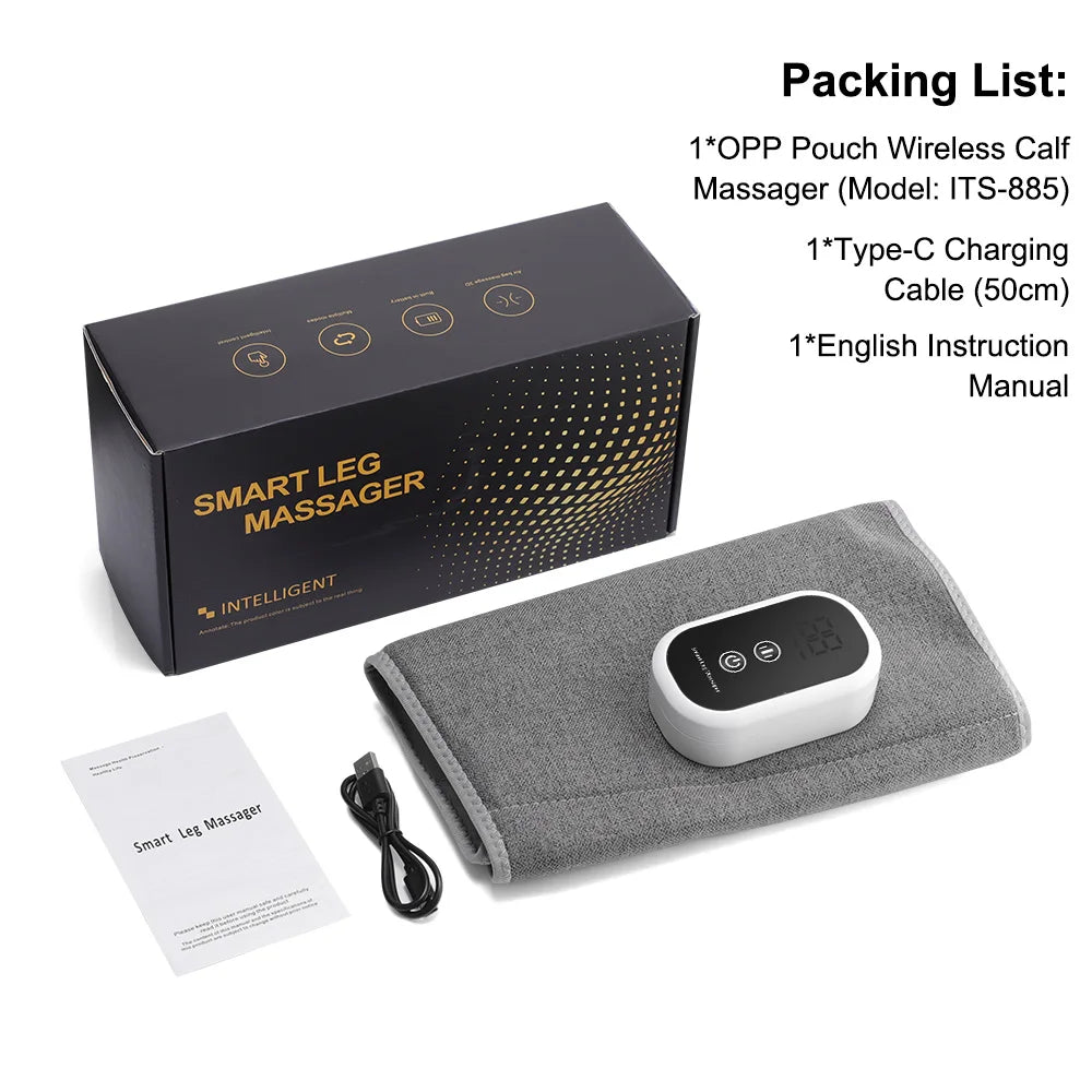 Ein schwarzes Smart-Bein-Massagergerät und Zubehör auf einem grauen Handtuch.