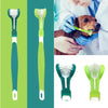 A person is using a green 3-sided pet toothbrush for dogs and cats on a dog.
