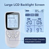 A large LCD backlight screen showing settings and dual output channels of a rechargeable EMS muscle stimulator.