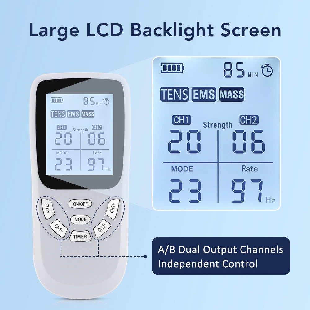 A large LCD backlight screen showing settings and dual output channels of a rechargeable EMS muscle stimulator.