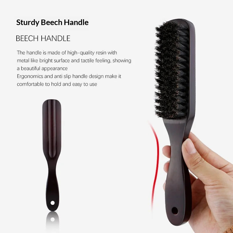 A hand holds a dark brown wooden boar bristle hair and beard brush with a black handle.