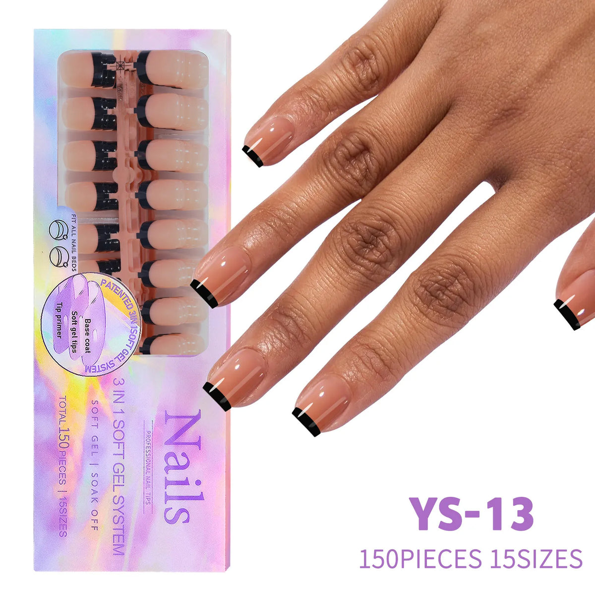 A hand displays a set of almond press-on nails in rich coffee black, packaged for sale.