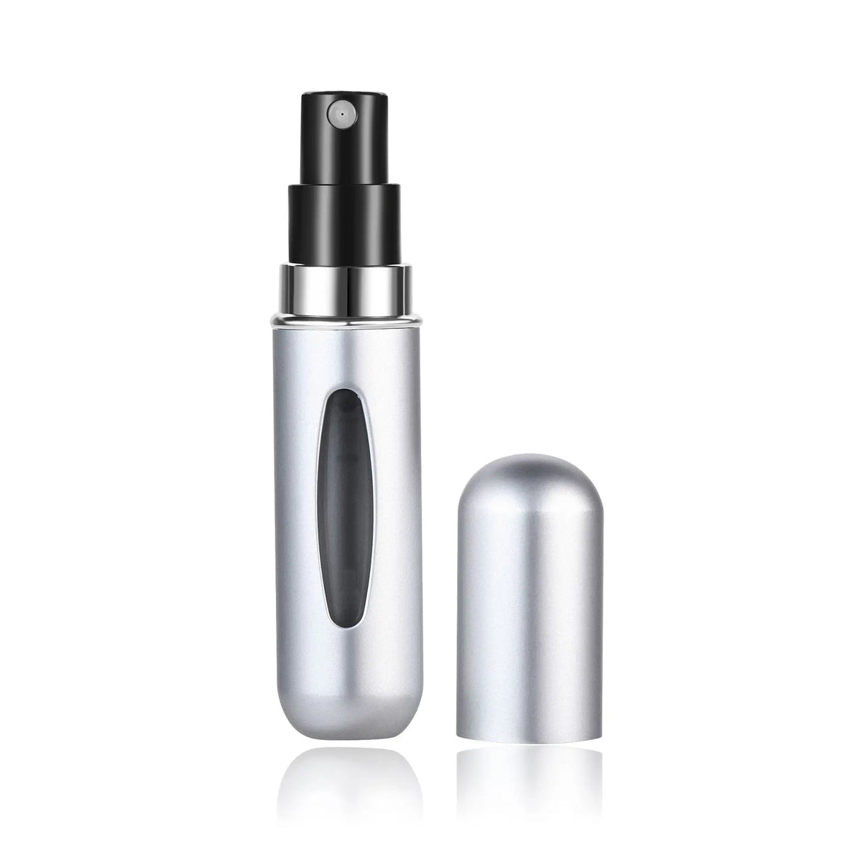 Silver portable mini perfume refill spray bottle with a black cap and a separate silver refill component.