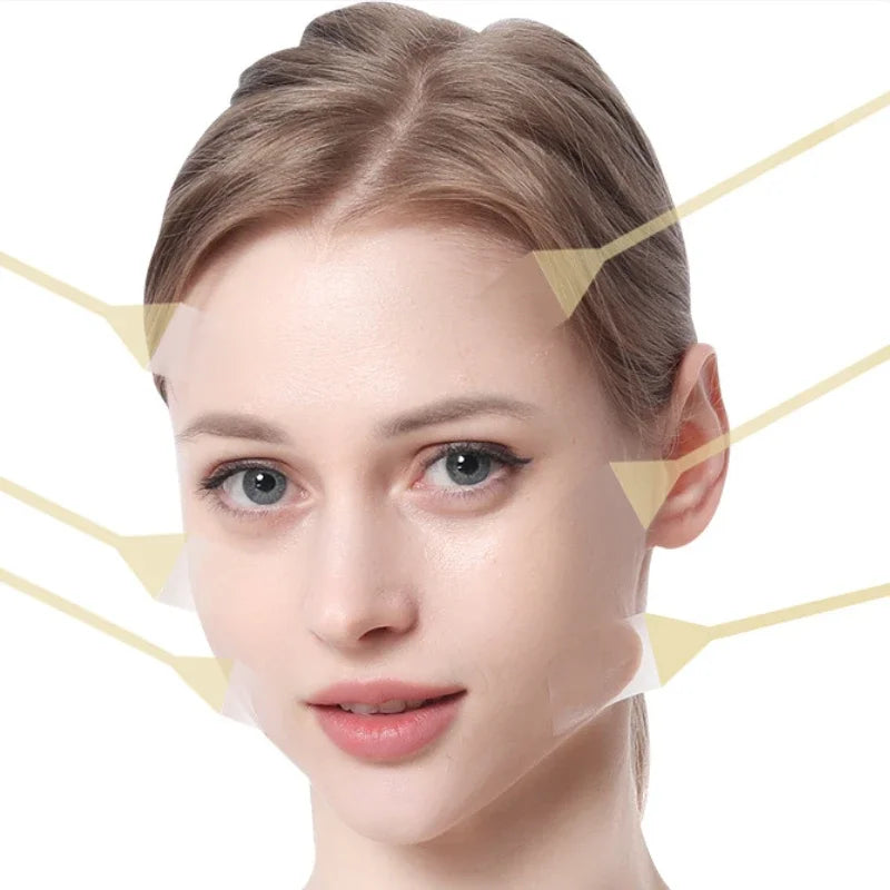 A woman's face is shown with invisible facial lifting tape applied to contour the skin.