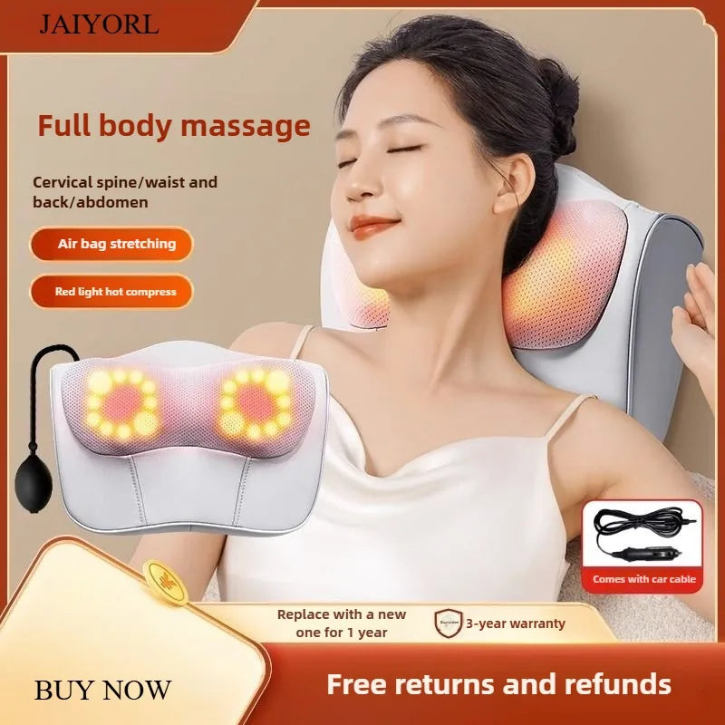 A woman is receiving a full body massage using an electric cervical and back shiatsu massage pillow.