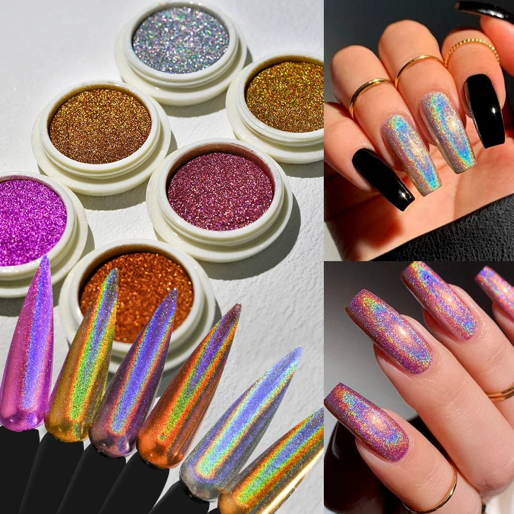 A collection of holographic chrome nail glitter powders and acrylic nails displayed on a white background.