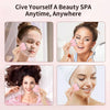 A woman is using a pink microcurrent facial lifting roller massager on her face for beauty spa treatment.