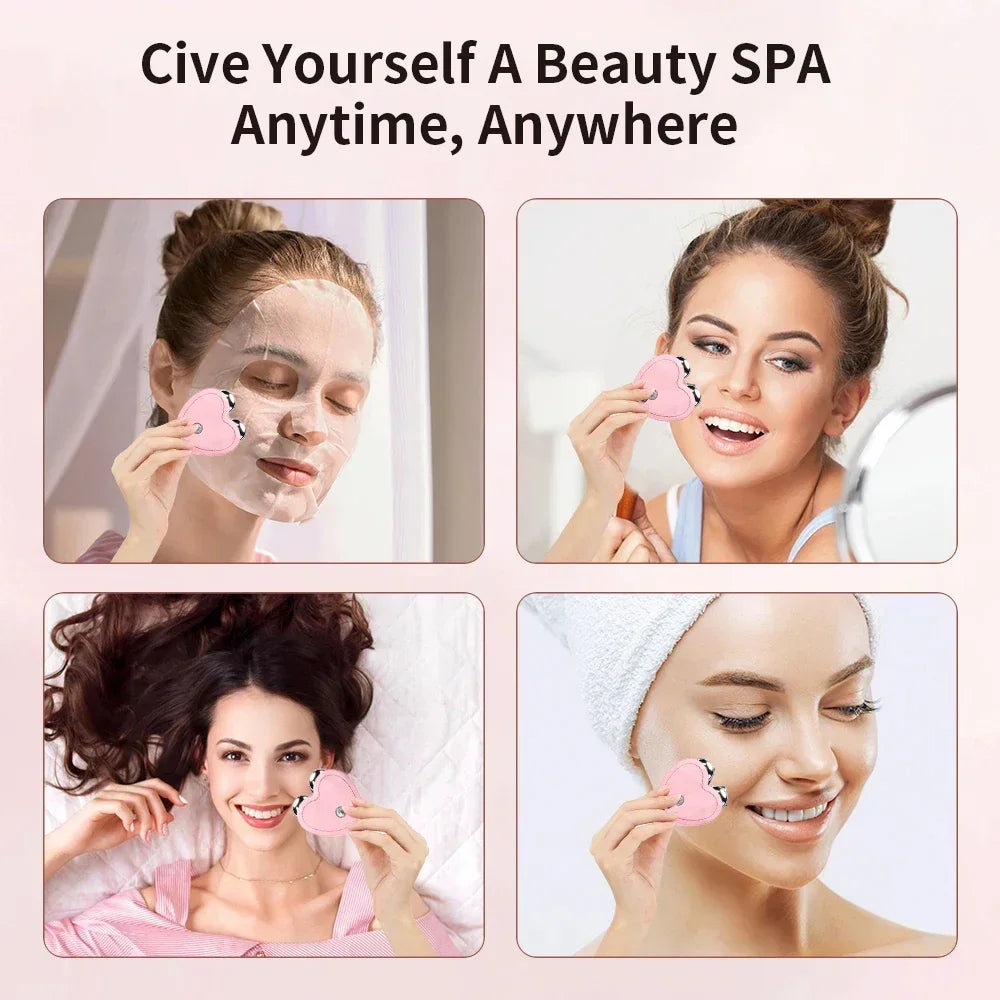 A woman is using a pink microcurrent facial lifting roller massager on her face for beauty spa treatment.