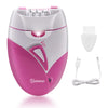 A pink and white electric hair removal epilator device with a detachable head and charging cable.
