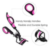 A black eyelash curler with pink grips and a flexible spring, shown with replacement pads.