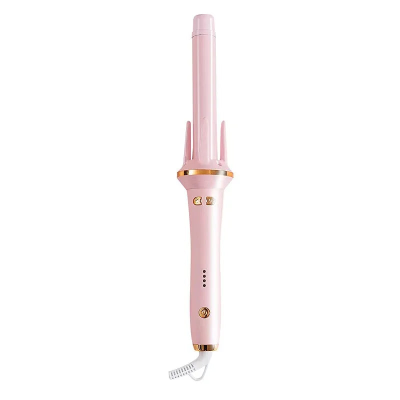 A pink automatic ceramic curling iron with a white cord.