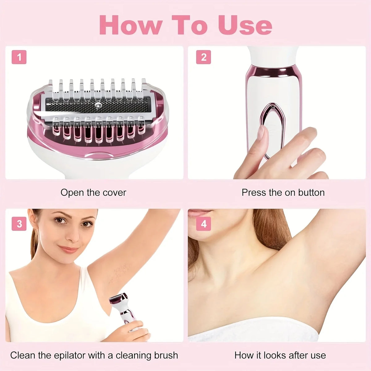 Step-by-step guide showing how to use an electric body hair remover and epilator device.