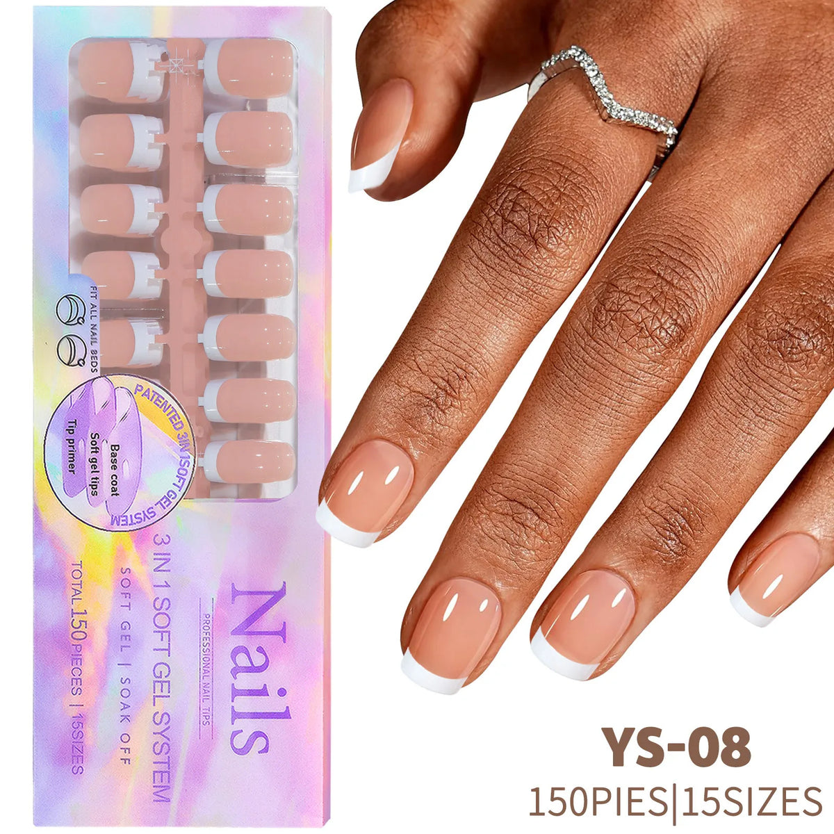 A set of 150 press-on nails in rich coffee black featuring a soft gel system and various sizes.