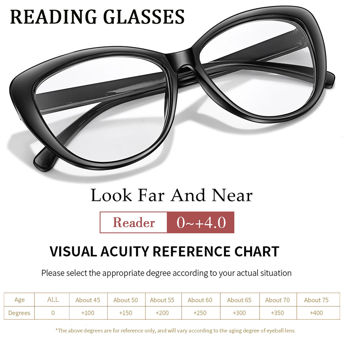 Black reading glasses for vision correction with a visual acuity reference chart