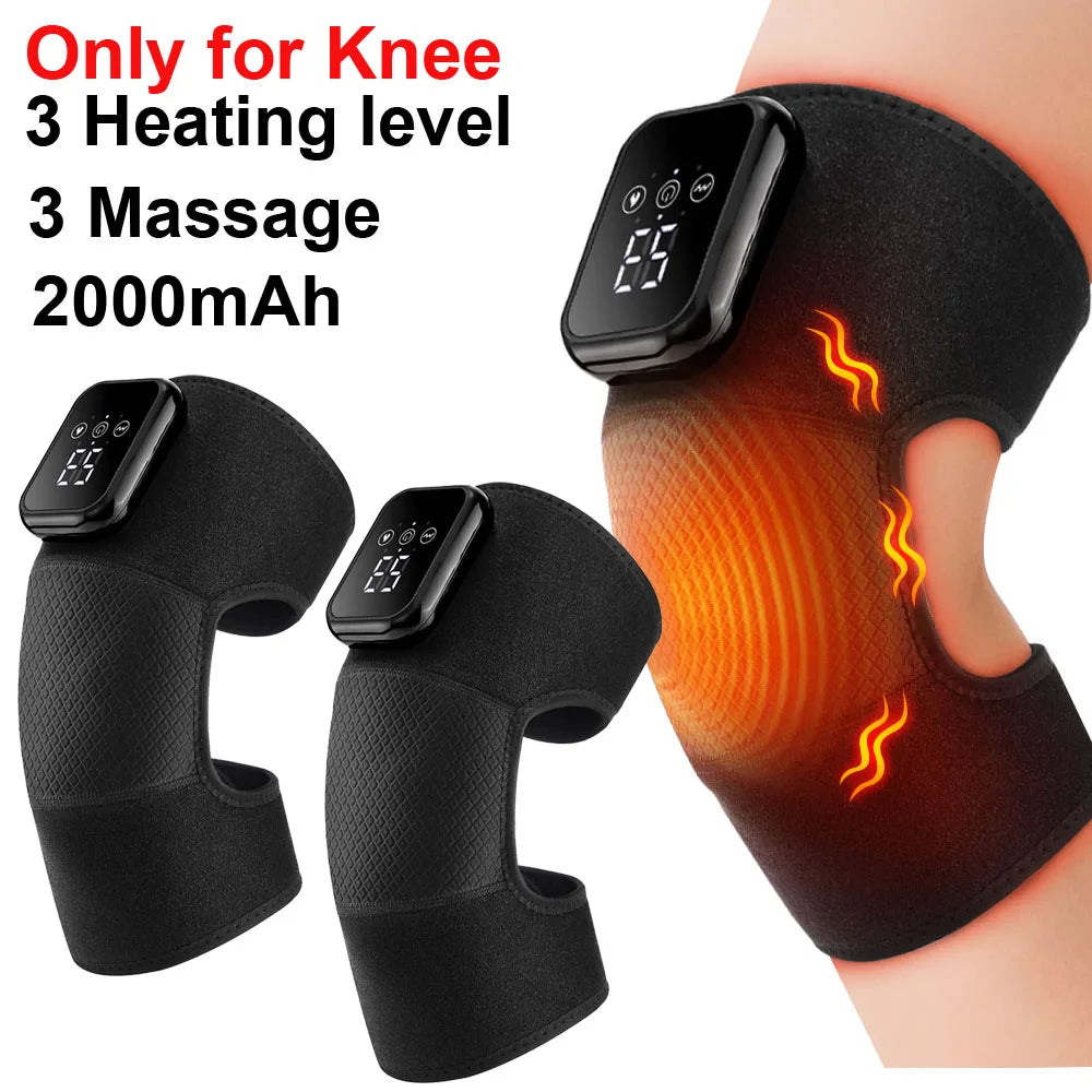 Schwarzes beheiztes Knie-Massagergerät an einem Bein, mit drei Stufen und 2000mAh-Akku.