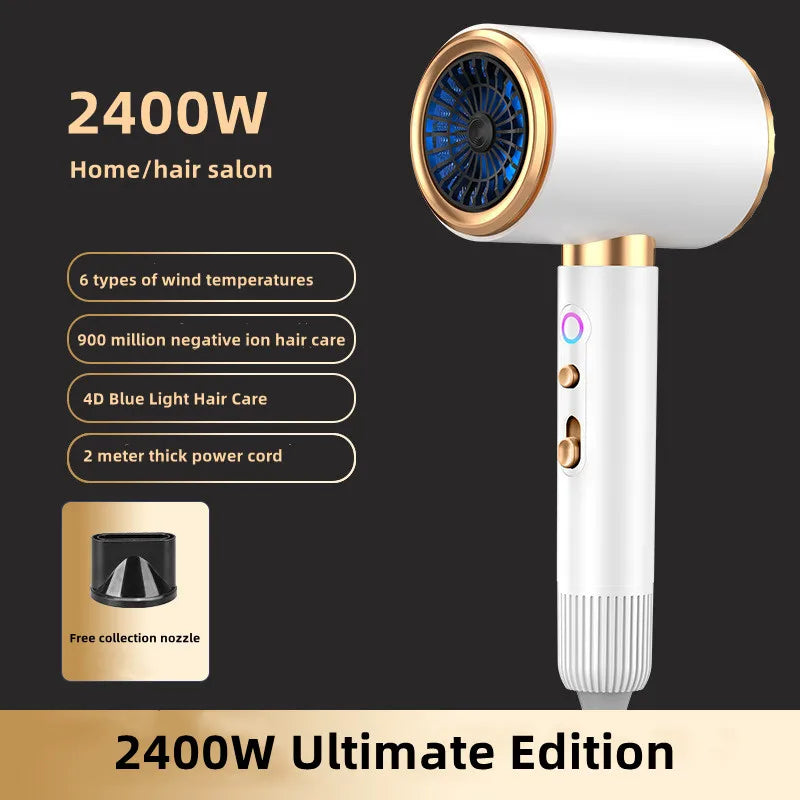 A white 2400W Ultimate Edition hair dryer with a gold accent and blue light feature.